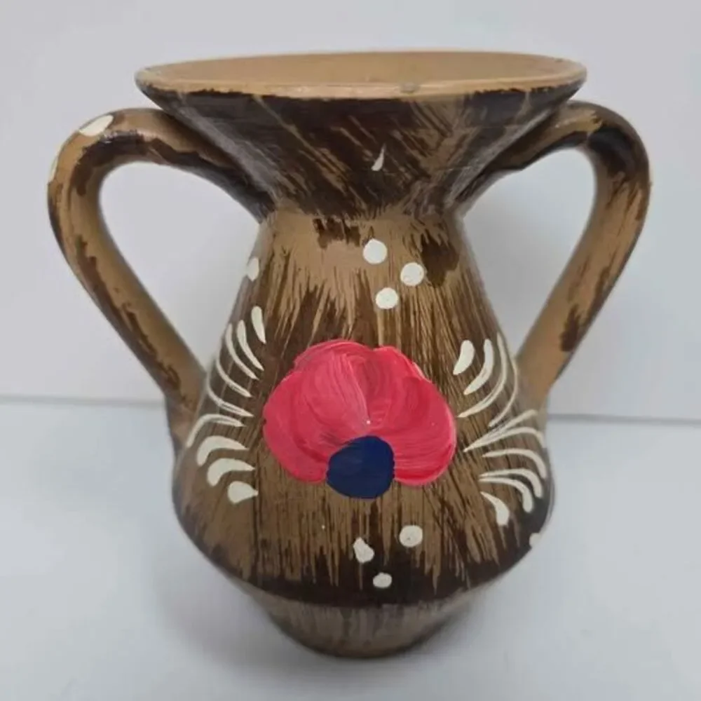 Vintage Hand-Painted Italian Pottery Double-Handled Vase Folk Art Pottery 5